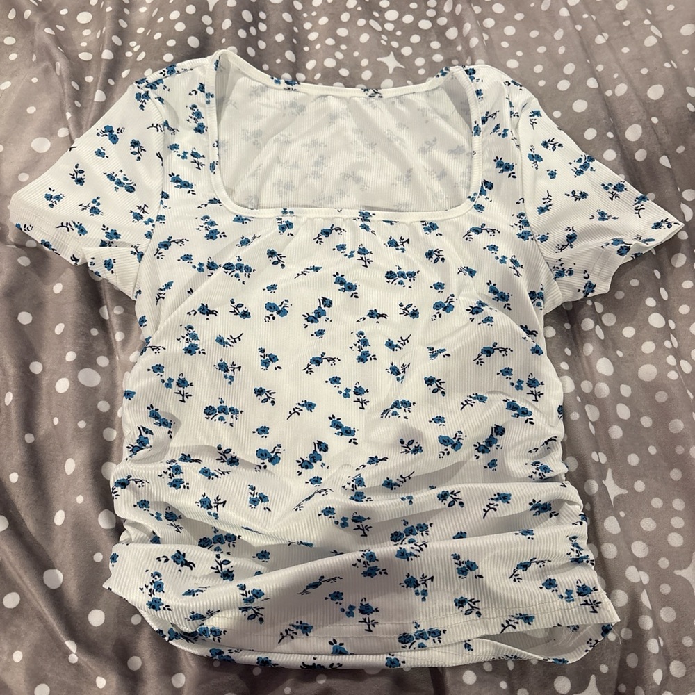 SHEIN White and Blue Fitted Ruched Short Sleeve Tee